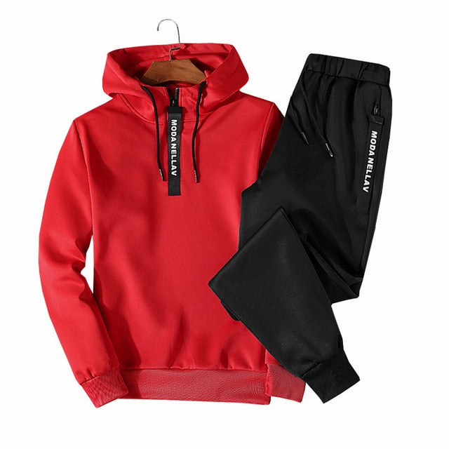 2019 2PC Hoodies Men Spring Autumn Fleece Liner Hooded Sweatshirts + Sweatpants Male Brand Streetwear Solid Warm 2 Pieces Hoody