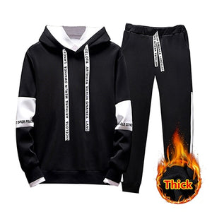 2019 2PC Hoodies Men Spring Autumn Fleece Liner Hooded Sweatshirts + Sweatpants Male Brand Streetwear Solid Warm 2 Pieces Hoody