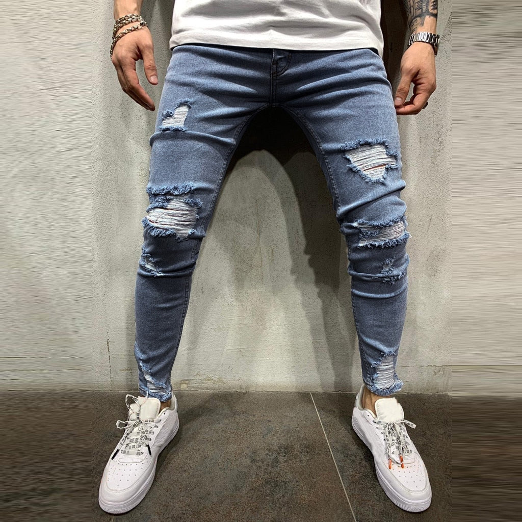 Pants Men Hip hopJeans PantsMen Pure Color Hole Denim Vintage Wash Hip Hop Work Trousers Jeans Pants Fashion Pants For Men