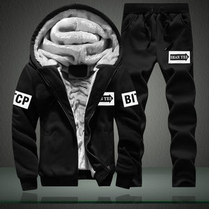 New Winter Tracksuits Men Set Thick Fleece Hoodies+Pants Suit Zipper Hooded Sweatshirt Sportswear Set Male Hoodie Sporting Suits