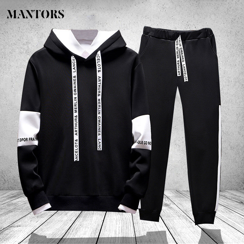 Casual Patchwork Men Hoodies Fashion Letter Printed Hooded Sweatshirt Hip Hop Streetwear Male Warm Hoodie Tracksuits Mens Set