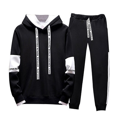 Casual Patchwork Men Hoodies Fashion Letter Printed Hooded Sweatshirt Hip Hop Streetwear Male Warm Hoodie Tracksuits Mens Set