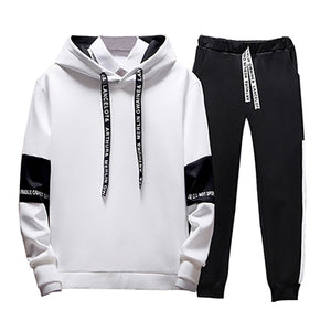 Casual Patchwork Men Hoodies Fashion Letter Printed Hooded Sweatshirt Hip Hop Streetwear Male Warm Hoodie Tracksuits Mens Set